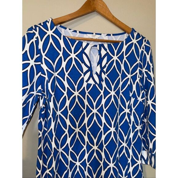 Crown & Ivy Size S Wide Sleeve V-Neck Mini Tunic Dress Blue White Geo Print - Picture 5 of 9